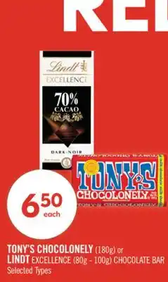 Shoppers Drug Mart TONY'S CHOCOLONELY (180g) or LINDT EXCELLENCE (80g - 100g) CHOCOLATE BAR offer