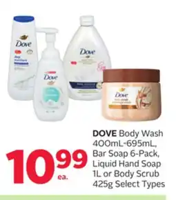 Rexall DOVE Body Wash 400mL-695mL, Bar Soap 6-Pack, Liquid Hand Soap 1L or Body Scrub 425g offer