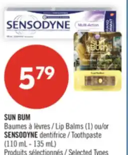 Pharmaprix SUN BUM Lip Balms (1) or SENSODYNE Toothpaste (110 mL - 135 mL) offer