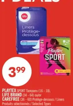 Pharmaprix PLAYTEX SPORT Tampons (16 - 18), LIFE BRAND (34 - 64) or CAREFREE (36 - 60) Liners offer