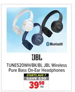 2001 Audio Video TUNE520WH/BK/BL JBL Wireless Pure Bass On-Ear Headphones offer