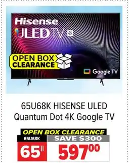 2001 Audio Video 65U68K 65 HISENSE ULED Quantum Dot 4K Google TV offer