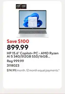 Staples HP 15.6 Copilot+ PC - AMD Ryzen AI 5 340/512GB SSD/16GB RAM/Windows 11 Home offer