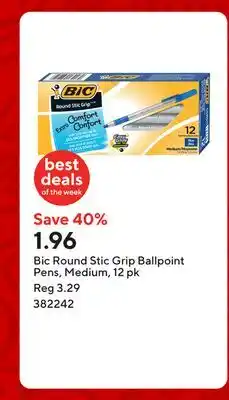 Staples Bic Round Stic Grip Ballpoint Pens, Medium, 12 pk offer