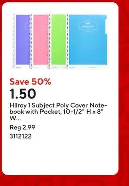 Staples Hilroy 1 Subject Poly Cover Notebook with Pocket, 10-1/2 H x 8 W - Assorted Colours offer
