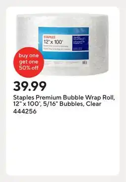 Staples Staples Premium Bubble Wrap Roll, 12 x 100', 5/16 Bubbles, Clear offer