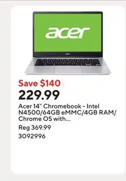 Staples Acer 14 Chromebook - Intel N4500/64GB eMMC/4GB RAM/Chrome OS with 3 months of Gemini Advanced offer