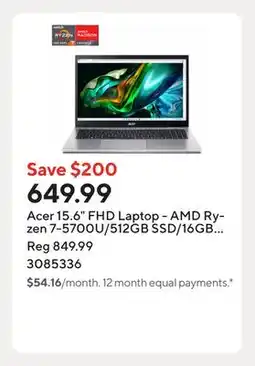 Staples Acer 15.6 FHD Laptop - AMD Ryzen 7-5700U/512GB SSD/16GB RAM/Windows 11 offer