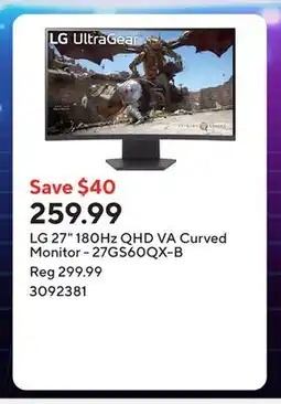 Staples LG 27 180Hz QHD VA Curved Monitor - 27GS60QX-B offer
