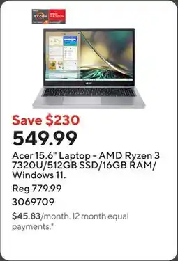 Staples Acer 15.6 Laptop - AMD Ryzen 3 7320U/512GB SSD/16GB RAM/Windows 11 offer