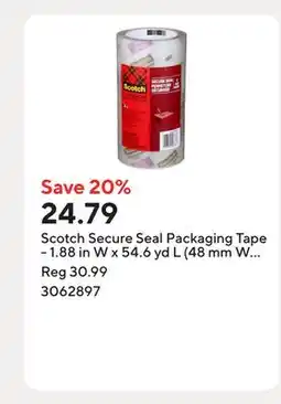 Staples Scotch Secure Seal Packaging Tape - 1.88 in W x 54.6 yd L (48 mm W x 50 m L) - 4 Roll pk offer