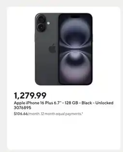 Staples Apple iPhone 16 Plus 6.7 - 128 GB - Black - Unlocked offer