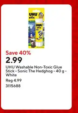 Staples UHU Washable Non-Toxic Glue Stick - Sonic The Hedghog - 40 g - White offer