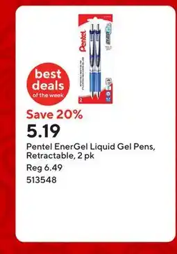 Staples Pentel EnerGel Liquid Gel Pens, Retractable, 2 pk offer