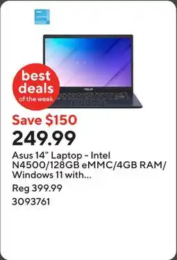 Staples Asus 14 Laptop - Intel N4500/128GB eMMC/4GB RAM/Windows 11 with 1-year of Microsoft 365 offer