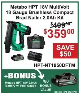 Atlas Tools & Machinery Metabo HPT 18V MultiVolt 18 Gauge Brushless Compact Brad Nailer 2.0Ah Kit offer