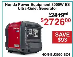 Atlas Tools & Machinery Honda Power Equipment 3000W ES Ultra-Quiet Generator offer