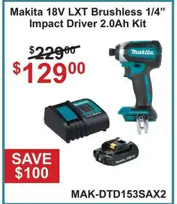 Atlas Tools & Machinery Makita 18V LXT Brushless 1/4 Impact Driver 2.0Ah Kit offer