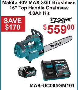 Atlas Tools & Machinery Makita 40V MAX XGT Brushless 16 Top Handle Chainsaw 4.0Ah Kit offer