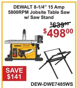 Atlas Tools & Machinery DEWALT 8-1/4 15 Amp 5800RPM Jobsite Table Saw w/ Saw Stand offer