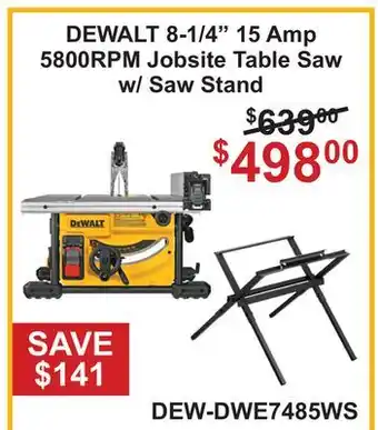 Atlas Tools & Machinery DEWALT 8-1/4 15 Amp 5800RPM Jobsite Table Saw w/ Saw Stand offer