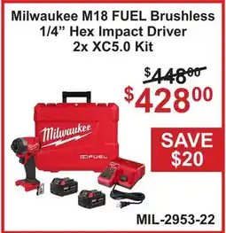 Atlas Tools & Machinery Milwaukee M18 FUEL Brushless 1/4 Hex Impact Driver 2x XC5.0 Kit offer