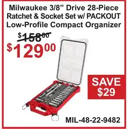 Atlas Tools & Machinery Milwaukee 3/8'' Drive 28-Piece Ratchet & Socket Set w/ PACKOUT Low-Profile Compact Organizer offer