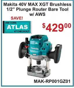 Atlas Tools & Machinery Makita 40V MAX XGT Brushless 1/2 Plunge Router Bare Tool w/ AWS offer