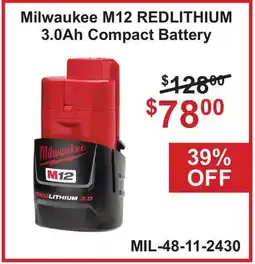 Atlas Tools & Machinery Milwaukee M12 REDLITHIUM 3.0Ah Compact Battery offer