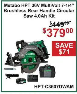 Atlas Tools & Machinery Metabo HPT 36V MultiVolt 7-1/4 Brushless Rear Handle Circular Saw 4.0Ah Kit offer