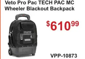 Atlas Tools & Machinery Veto Pro Pac TECH PAC MC Wheeler Blackout Backpack offer