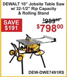 Atlas Tools & Machinery DEWALT 10 Jobsite Table Saw w/ 32-1/2 Rip Capacity & Rolling Stand offer