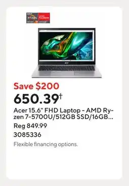 Staples Acer 15.6 FHD Laptop - AMD Ryzen 7-5700U/512GB SSD/16GB RAM/Windows 11 offer