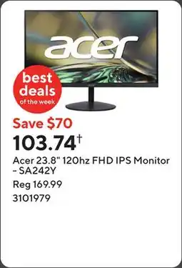 Staples Acer 23.8 120hz FHD IPS Monitor - SA242Y offer