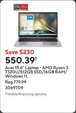 Staples Acer 15.6 Laptop - AMD Ryzen 3 7320U/512GB SSD/16GB RAM/Windows 11 offer