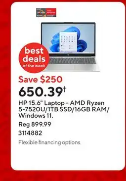 Staples HP 15.6 Laptop - AMD Ryzen 5-7520U/1TB SSD/16GB RAM/Windows 11 offer
