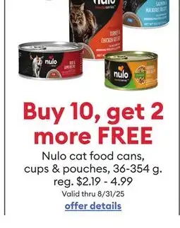 Petsmart Buy 10, get 2 more FREE Nulo cat food cans, cups & pouches offer