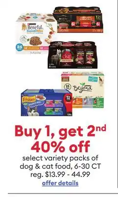 Petsmart Buy 1, get 2nd 40% off select variety packs of dog & cat food, 6-30 CT offer