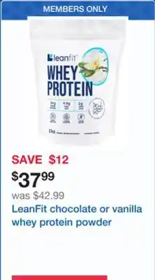 Costco LeanFit chocolate or vanilla whey protein powder offer