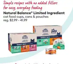 Petsmart Natural Balance Limited Ingredient cat food cups, cans & pouches offer