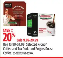 Canadian Tire Selected K-Cup Coffee and Tea Pods and Folgers Roast Coffee offer