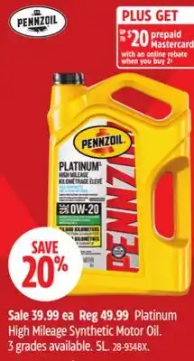 Canadian Tire Pennzoil Platinum High Mileage Synthetic Motor Oil offer