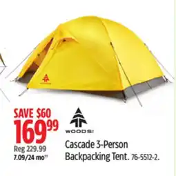 Canadian Tire Woods Cascade 3-Person Backpacking Tent offer