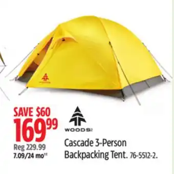 Canadian Tire Woods Cascade 3-Person Backpacking Tent offer