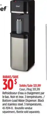 Canadian Tire MASTER Chef Bottom-Load Water Dispenser. Black and stainless steel. 3 temperatures offer