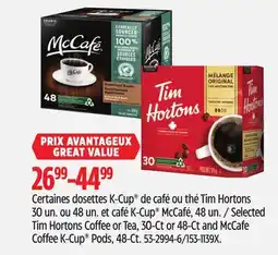 Canadian Tire Keurig Selected Tim Hortons Coffee or Tea, 30-Ct or 48-Ct and McCafe Coffee K-Cup Pods offer