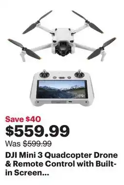 Best Buy DJI Mini 3 Quadcopter Drone & Remote Control with Built-in Screen (DJI RC) - Grey offer