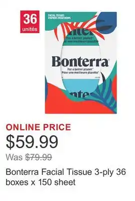 Costco Bonterra Facial Tissue 3-ply 36 boxes x 150 sheet offer