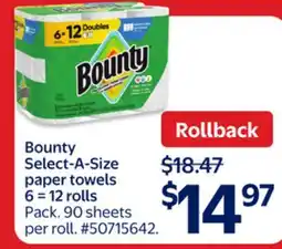 Walmart Bounty Select-A-Size paper towels 6=12 rolls offer