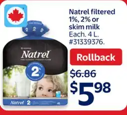 Walmart Natrel filtered 1%, 2% or skim milk offer